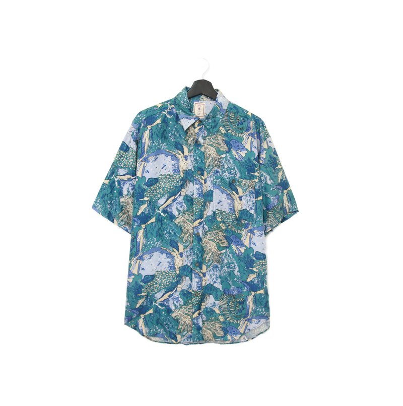 Back to Green- 短袖花襯衫 藍綠色 民族花紋ss-34 vintage shirt - 男襯衫/休閒襯衫 - 絲．絹 