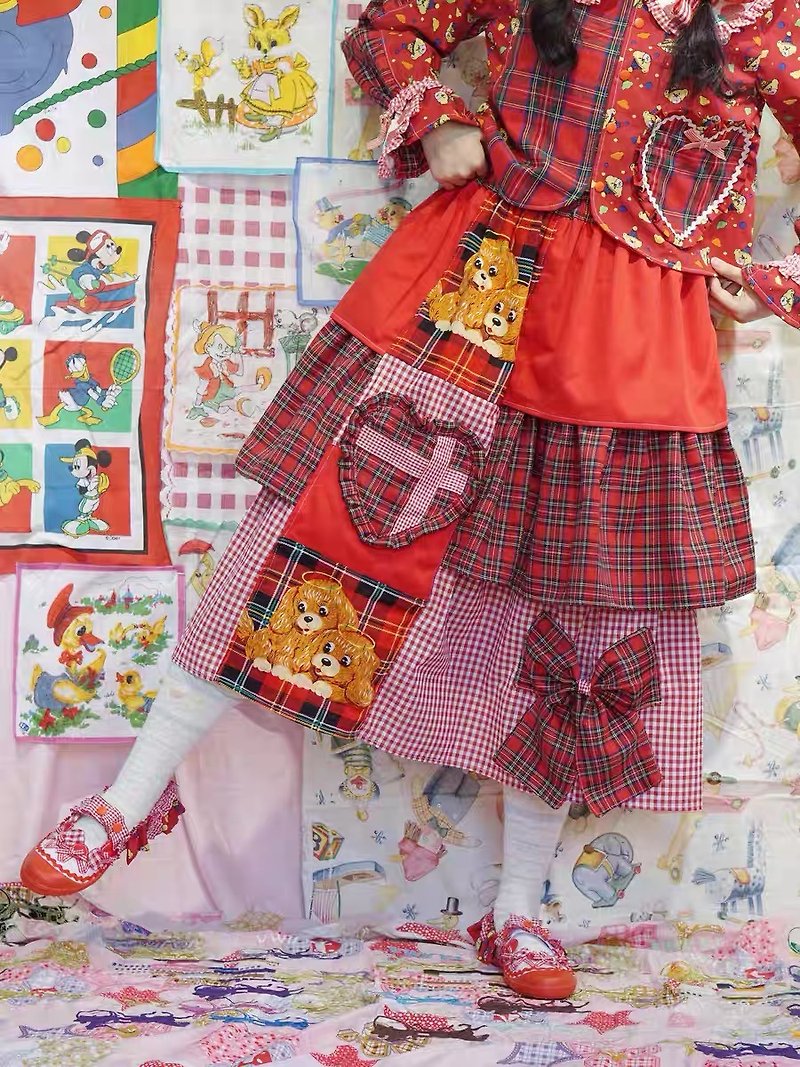 Cute Lolita Style Garden Dog Red Plaid Love Bow Gift Splicing Retro Cake Skirt Half Body - Skirts - Cotton & Hemp Red