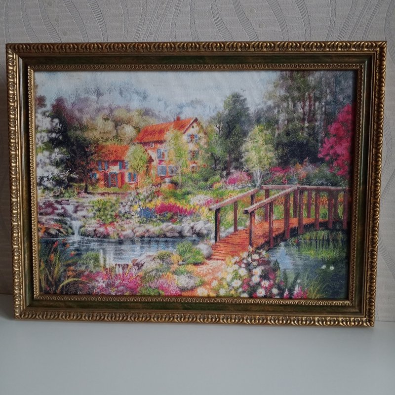 Handmade Garden Country landscape, Hand Cross Stitched Artwork, Gift, Home Decor - 壁貼/牆壁裝飾 - 棉．麻 綠色