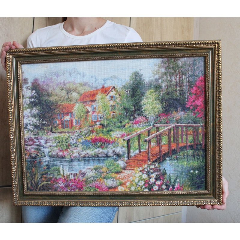 Handmade Garden Country landscape, Hand Cross Stitched Artwork, Gift, Home Decor - 壁貼/牆壁裝飾 - 棉．麻 綠色