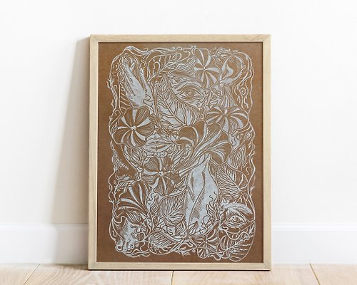 daashart Linocut print White brown Body parts of a woman Bellflower and nature plant art