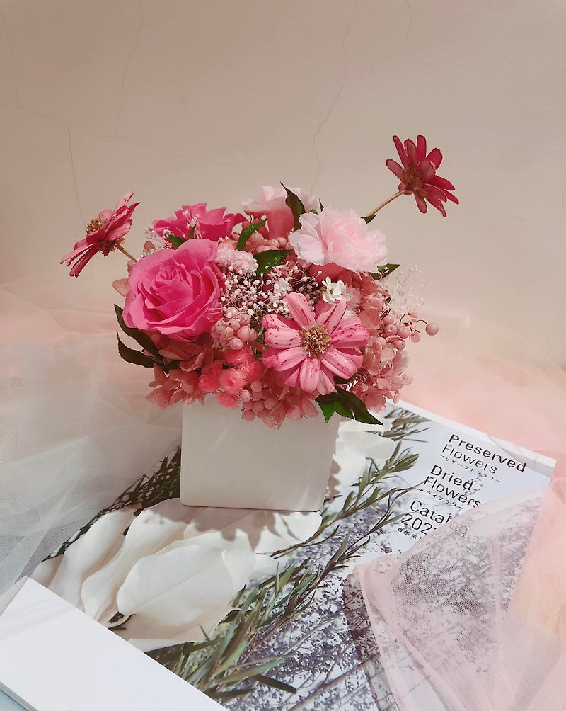 粉樣色系玫瑰/康乃馨方形盆器永生花 - 裝飾/擺設  - 植物．花 粉紅色