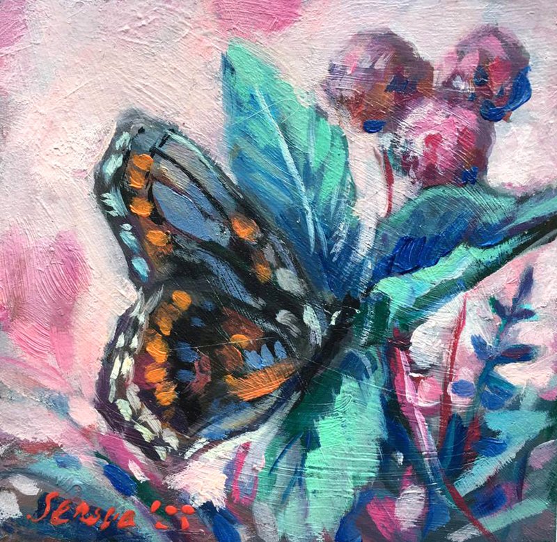 Butterfly painting Small Frame Art Miniature Oil - 擺飾/家飾品 - 其他材質 紫色