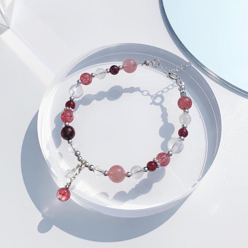 Red Garnet Pink Crystal Strawberry Crystal Moonstone S925 Sterling Silver Natural Crystal Bracelet - Bracelets - Crystal Multicolor