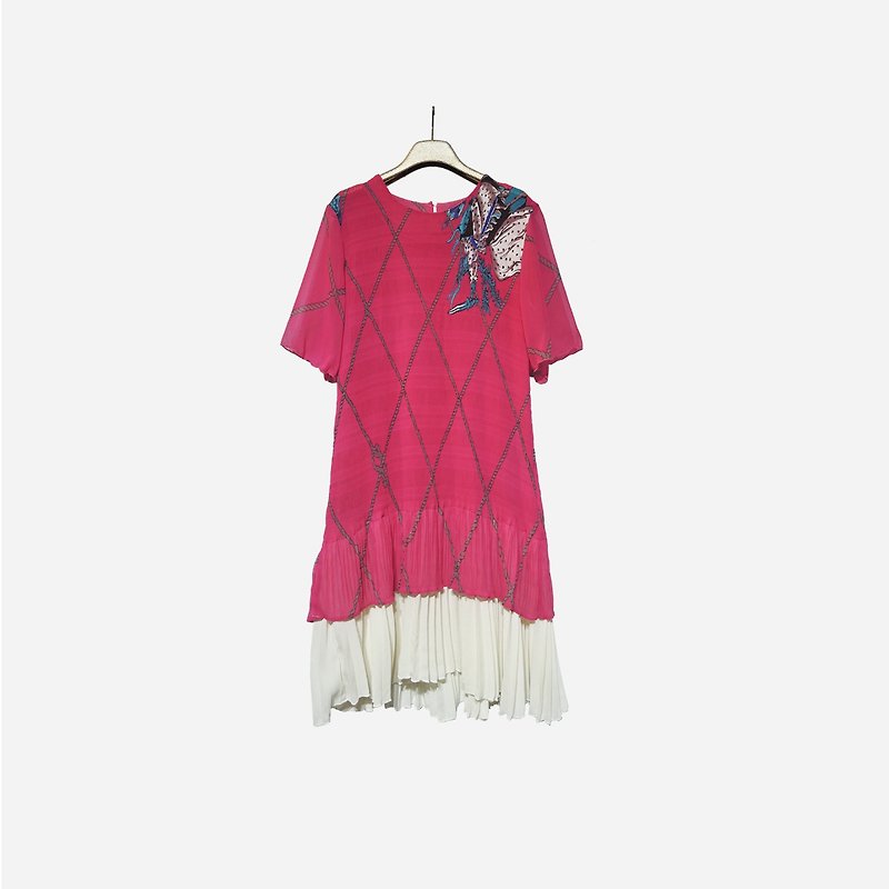 脫臼古著 / 壓摺桃紅印花洋裝 no.1061A2 vintage - 洋裝/連身裙 - 聚酯纖維 粉紅色