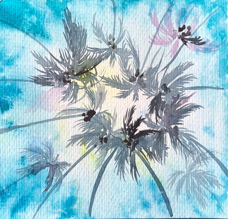 Palm Trees Painting Trees Original Art Blue Sky Artwork Coconuts Wall Art - 海報/掛畫/掛布 - 紙 藍色