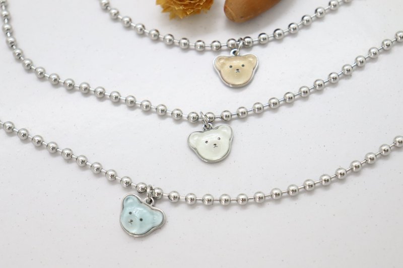 (Surgical Steel) Adorable Teddy Bear Pendant 3mm Ball Cain Necklace Sweet Animal - 項鍊 - 不鏽鋼 銀色