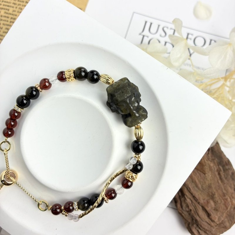 原創設計 媽祖金曜 天然水晶手鍊 金曜石 金曜石媽祖 紅石榴 - 手鍊/手鐲 - 水晶 紅色