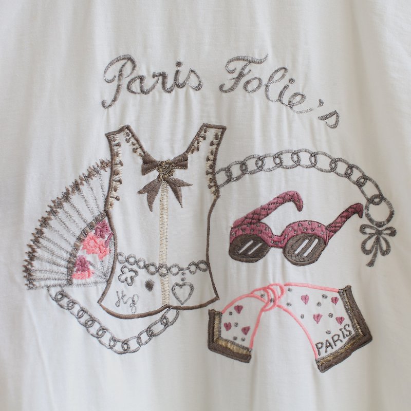 【Egg Plant Vintage】 Summer Party Embroidered Vintage Shirt - เสื้อเชิ้ตผู้หญิง - เส้นใยสังเคราะห์ ขาว