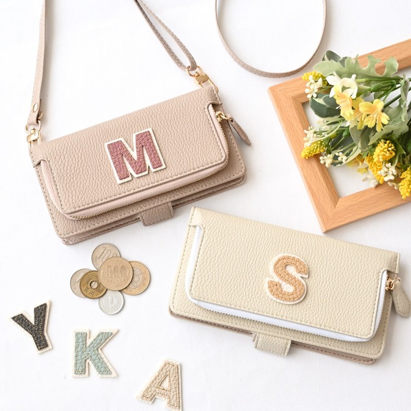 Smartphone case for all models, notebook style [with coin case, initial stitch patch] Smartphone shoulder bag, alphabet, dull color A281I - เคส/ซองมือถือ - หนังเทียม สีนำ้ตาล