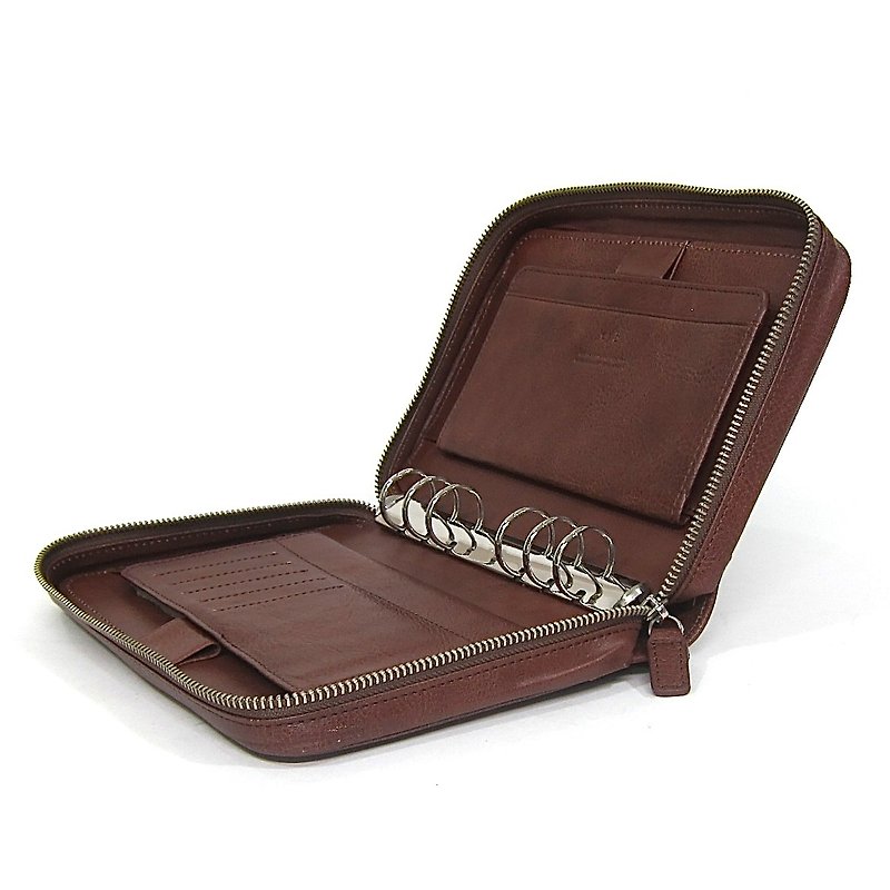 真皮 筆記本/手帳 咖啡色 - Personal organizer B6 Bible Size Refill Functional Valuables Round Zipper Handle Handle Genuine Leather Italian Leather