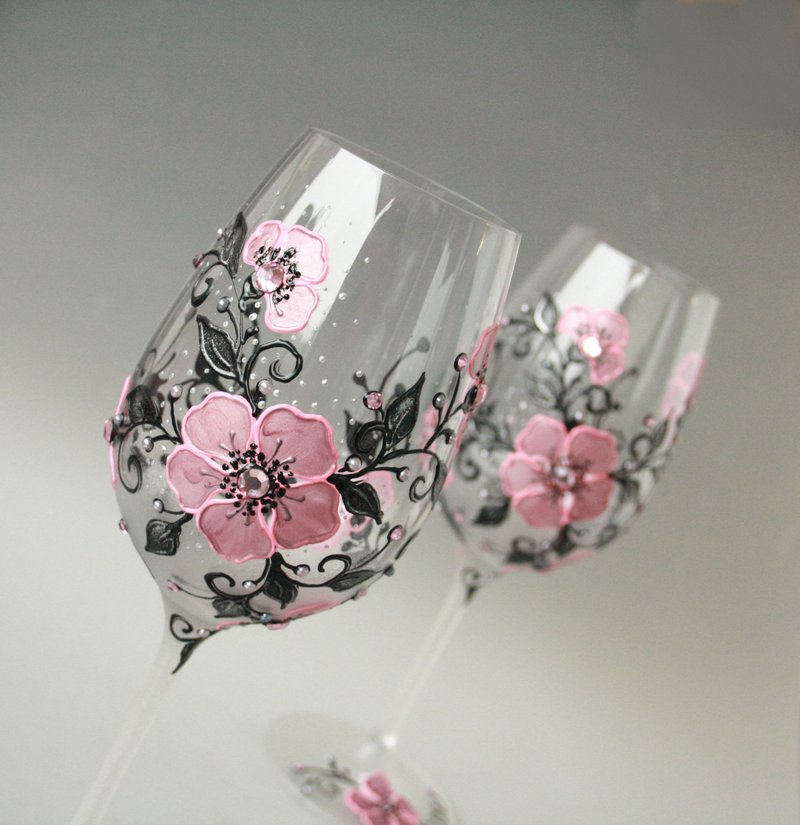 Pink Black Floral Wine Glasses Hand-painted, Set of 2 - Bar Glasses & Drinkware - Glass Pink