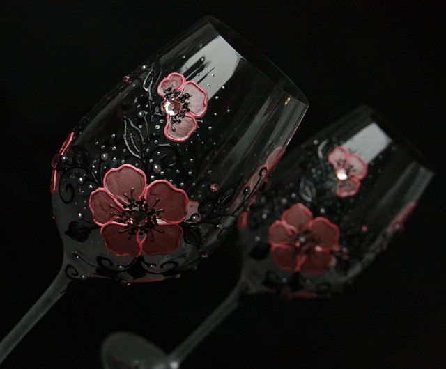 Wine Glasses Black Gold Flowers Swarovski Crystals, Hand-painted set of 2 -  Shop NeA Glass Bar Glasses & Drinkware - Pinkoi