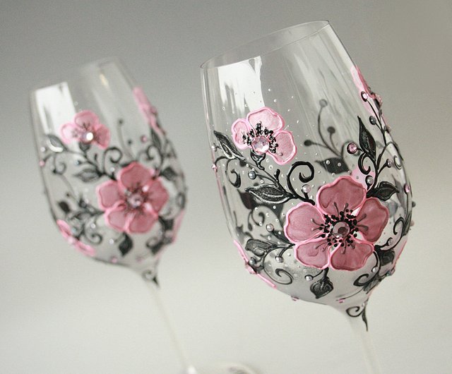 Wine Glasses Black Gold Flowers Swarovski Crystals, Hand-painted set of 2 -  Shop NeA Glass Bar Glasses & Drinkware - Pinkoi