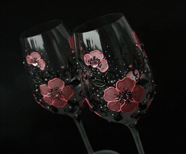 Wine Glasses Black Gold Flowers Swarovski Crystals, Hand-painted set of 2 -  Shop NeA Glass Bar Glasses & Drinkware - Pinkoi