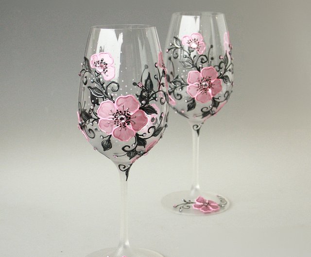 Wine Glasses Black Gold Flowers Swarovski Crystals, Hand-painted set of 2 -  Shop NeA Glass Bar Glasses & Drinkware - Pinkoi