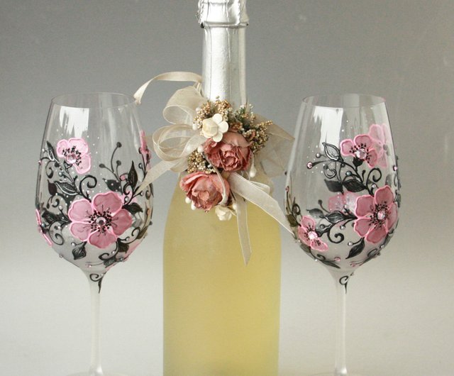 Wine Glasses Black Gold Flowers Swarovski Crystals, Hand-painted set of 2 -  Shop NeA Glass Bar Glasses & Drinkware - Pinkoi