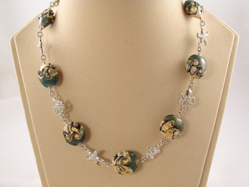 Teal Beige Lampwork Glass Silver Starfish Octopus Turtle Marine Necklace Jewelry - 項鍊 - 玻璃 銀色