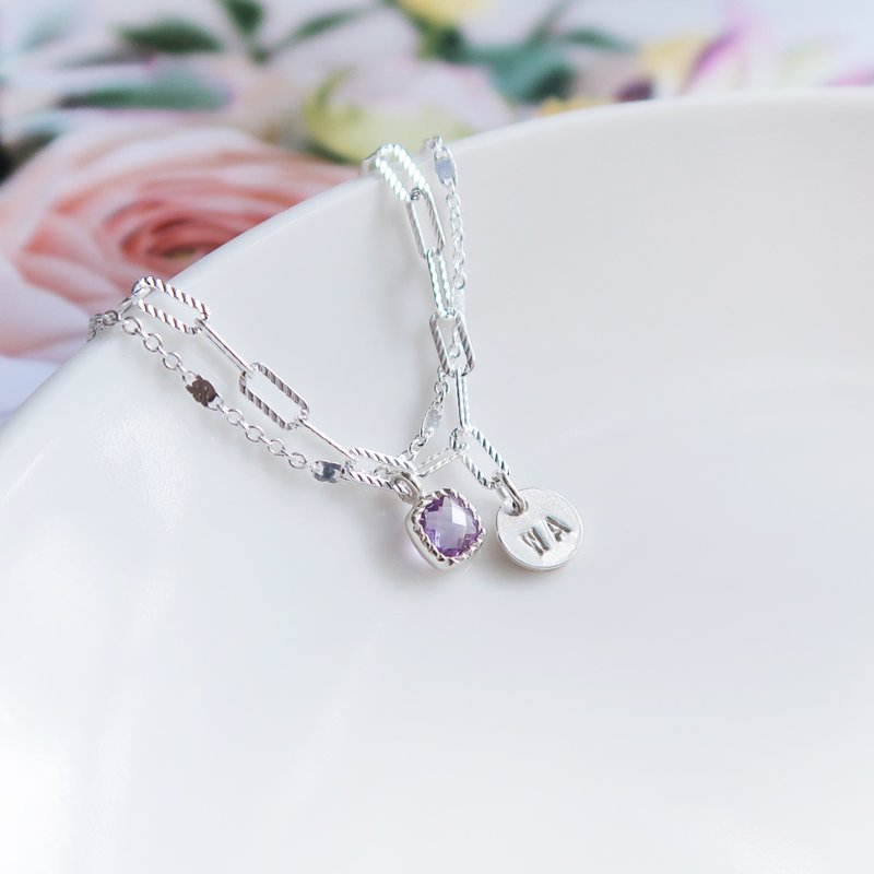 925 sterling silver star-studded amethyst customized engraved double chain bracelet with free gift packaging - สร้อยข้อมือ - เงินแท้ สีม่วง