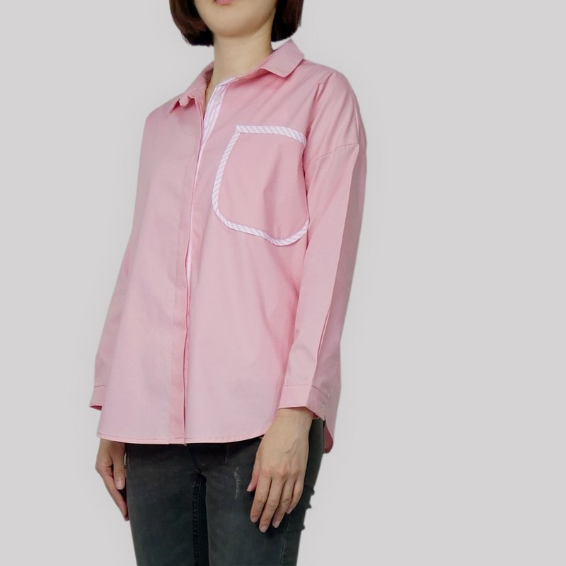 蜜桃粉寬版大口袋襯衫 - 女襯衫 - 棉．麻 粉紅色