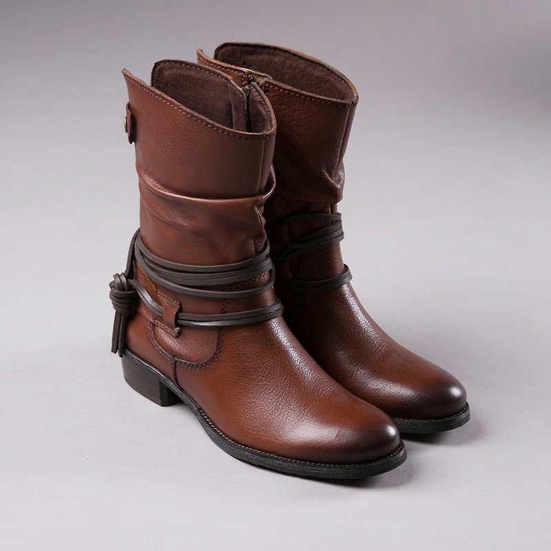 [Temperature] hand-made wax cowhide strap being wrapped in boots - carbon smoked coffee - Women's Booties - Genuine Leather Brown
