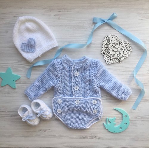 V.I.Angel Hand knit outfit for baby boy. Blue and white romper, hat and booties for baby.
