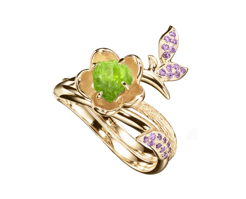 14k gold flower raw peridot + amethyst plum engagement & wedding ring band set - Couples' Rings - Precious Metals Green