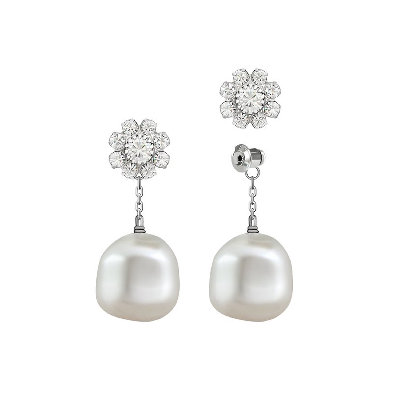 Crystal Flower X Irregular Pearl Reversible Earrings - ต่างหู - คริสตัล 