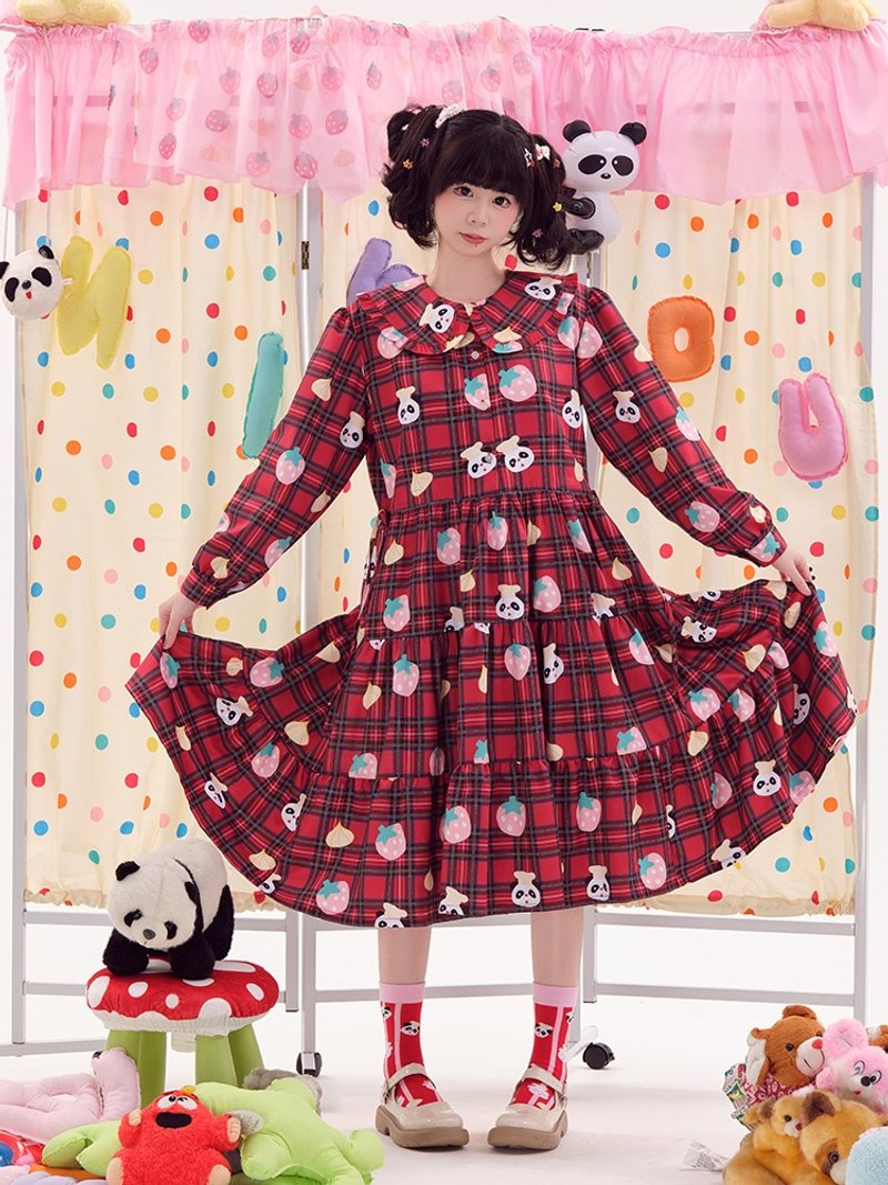 Scottish red plaid print dress with waist and size adjustment - ชุดเดรส - ผ้าฝ้าย/ผ้าลินิน หลากหลายสี