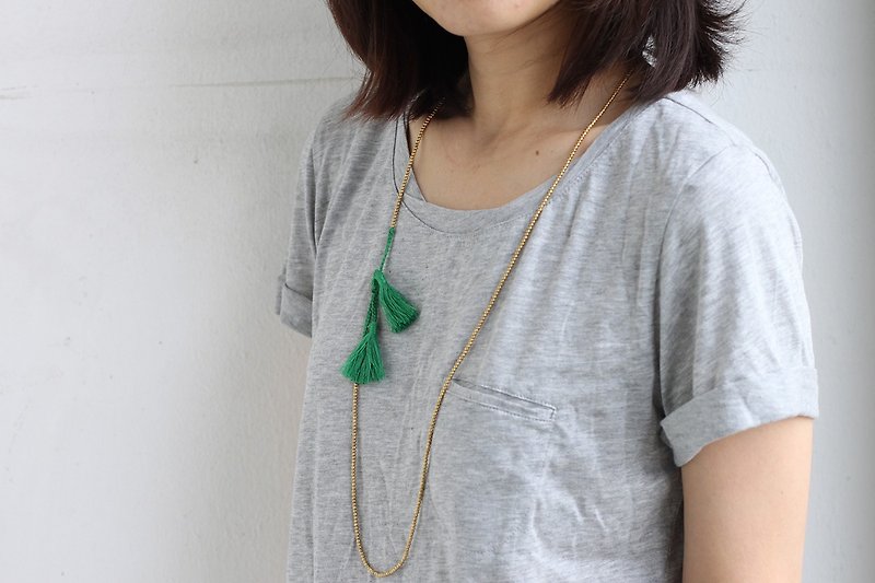 Simple Long Green Tassel Necklaces Wrap Bracelets Skinny Simple Minimal - สร้อยคอ - ผ้าฝ้าย/ผ้าลินิน สีเขียว