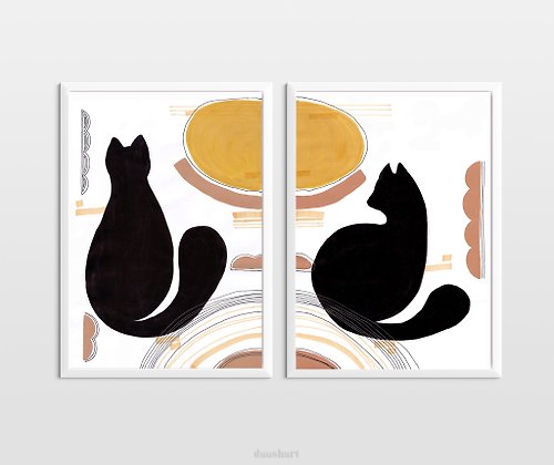 daashart Set of 2 original artwork Black cat abstract wall art Orange sun painting poster