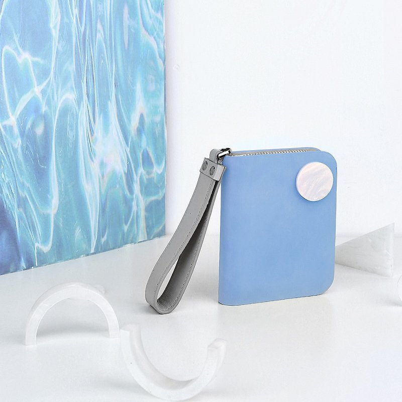 [Mell] simple waxing good texture light blue short zipper wallet - กระเป๋าสตางค์ - หนังแท้ สีน้ำเงิน