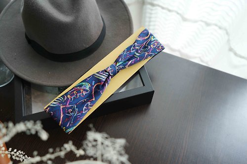 Papas Bow Tie 古董領帶改造復古鐵絲髮帶-電子音樂-深藍