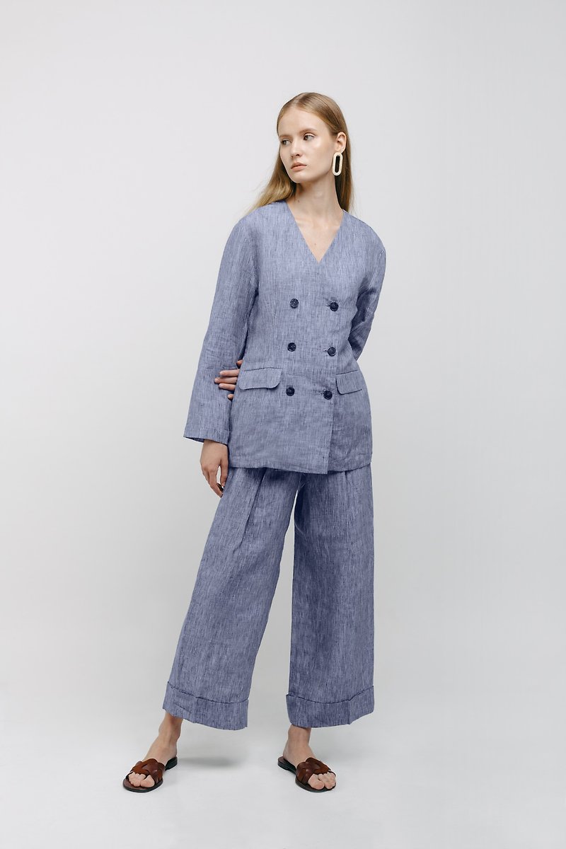 Double Breasted Blazer in Linen - Women's Blazers & Trench Coats - Linen Gray
