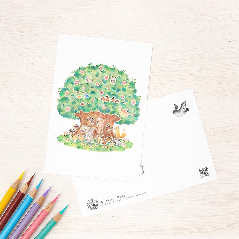 Set of 5 pieces. Like a picture book. Postcard "Big Tree House of Animals" PC-503 - การ์ด/โปสการ์ด - กระดาษ สีเขียว