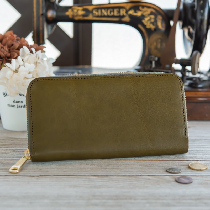 日本製造　牛皮　錢包　栃木皮革製作　暗綠　made in JAPAN handmade leather wallet - 錢包/皮夾/長短夾 - 真皮 綠色