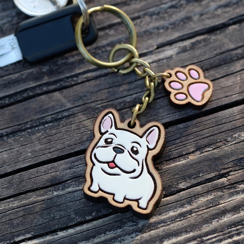 Painted Wooden key ring - Cute French Bulldog - Keychains - Wood White