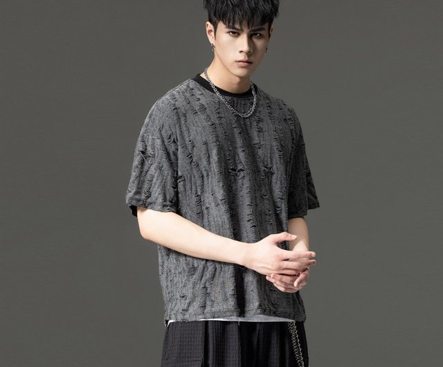 メンズ半袖Tシャツ,パンク,ラブ,毎日,壊れた穴,メッシュ,カジュアル,個性 夏の穴あき半袖メンズTシャツカジュアルジャカード色押しトップス