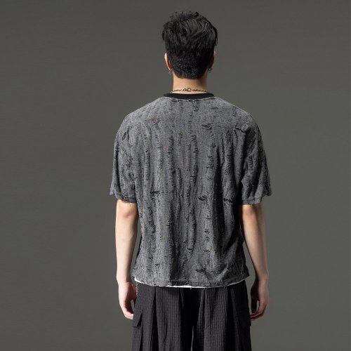 夏の穴あき半袖メンズTシャツカジュアルジャカード色押し