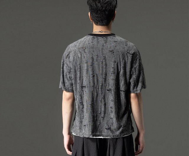 メンズ半袖Tシャツ,パンク,ラブ,毎日,壊れた穴,メッシュ,カジュアル,個性 夏の穴あき半袖メンズTシャツカジュアルジャカード色押しトップス