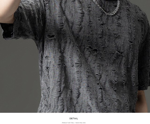 夏の穴あき半袖メンズTシャツカジュアルジャカード色押し