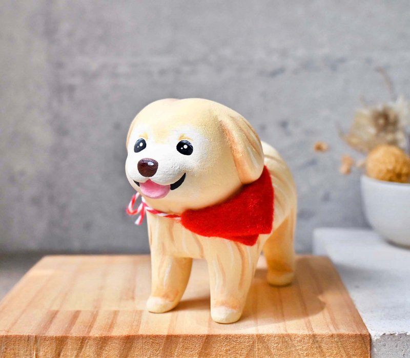 大笑萌呆黃金獵犬擺飾 手工雕刻療癒小木雕 公仔 - 擺飾/家飾品 - 木頭 