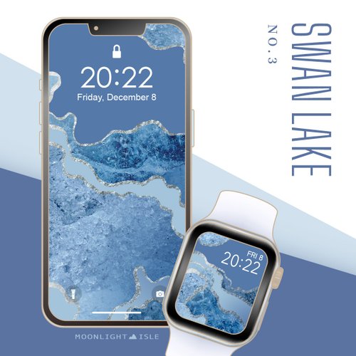 Moonlight Isle 海平面設計 天鵝湖-3 |藍灰色冰晶紋理手機+Apple Watch錶面桌布組| 立即下載
