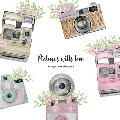 Art and Funny Watercolor camera with flower clipart. Vintage floral camera