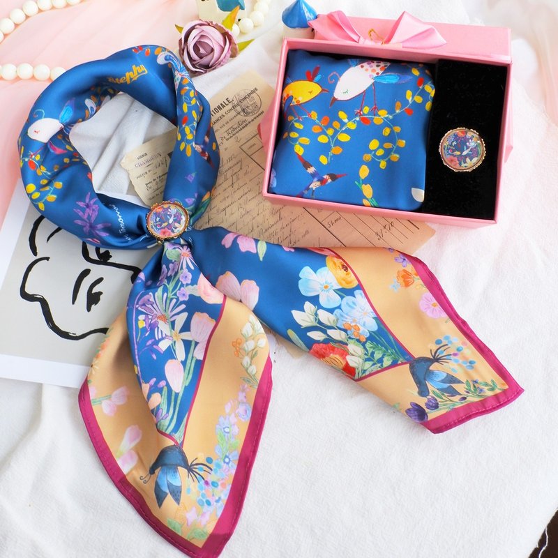 [Three-ring scarf buckle gift box] Yuyi flower silk scarf set | Large silk scarf with handmade three-ring scarf buckle - ผ้าพันคอ - ผ้าไหม 