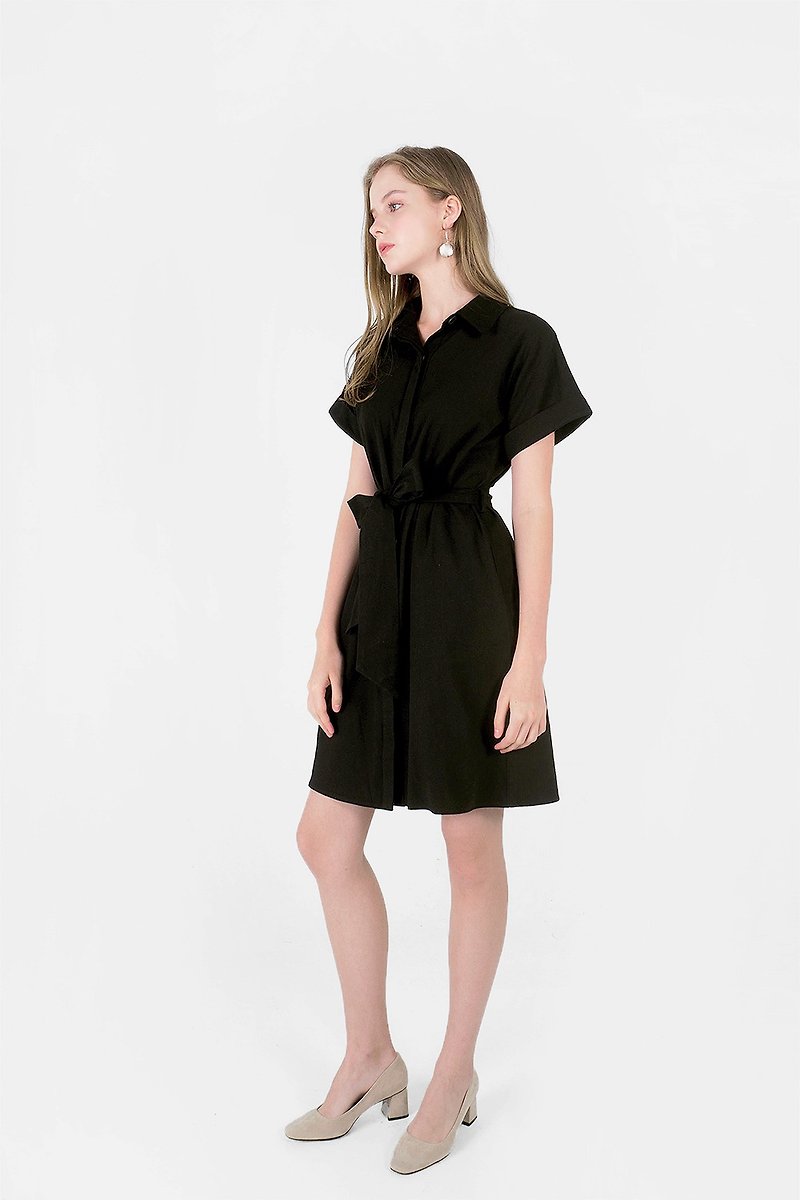 Lue Collar Shirt Dress (Black) - ชุดเดรส - ผ้าฝ้าย/ผ้าลินิน สีดำ