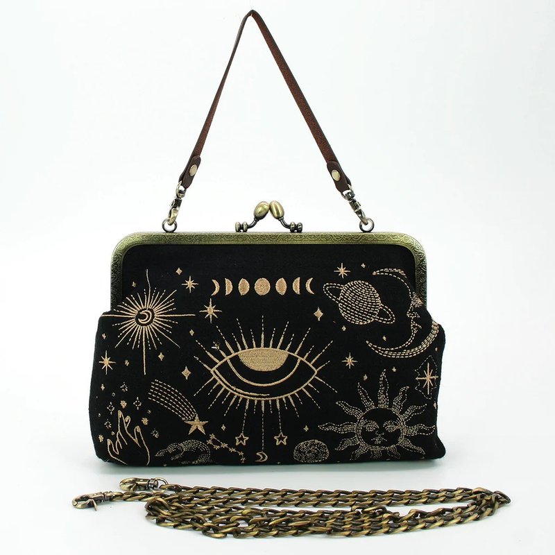 Mysterious cosmic embroidered kiss lock bag shoulder and portable two-purpose bag cool village - Messenger Bags & Sling Bags - Cotton & Hemp Black