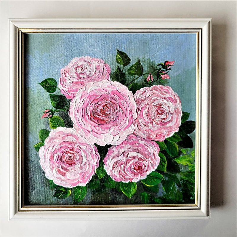Acrylic paintings of pink roses original artwork impasto floral painting - 壁貼/牆壁裝飾 - 壓克力 多色