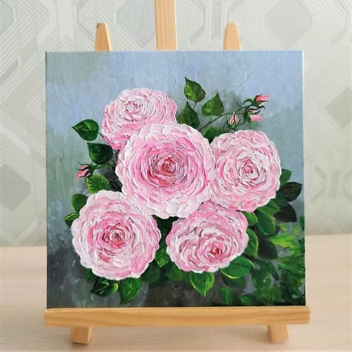 サイズ〈額装済み原画〉ピンクの花々／アクリル画 手描き インテリア 