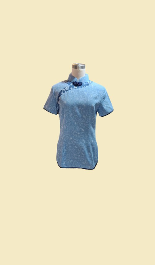 Vintageqipao VINTAGE 悅裳 新式改良淺藍色小花牛仔拚布上衣